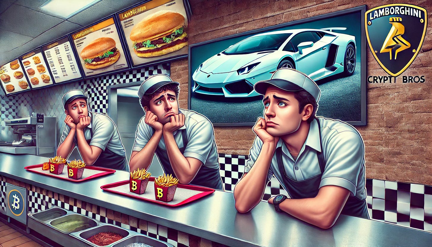 Banner-style hyper-realistic image depicting disillusioned crypto enthusiasts (cryptobros) working at a fast-food restaurant, wearing typical uniforms, looking regretfully at a Lamborghini poster on the wall. Wide-angle format suitable for a web banner, showcasing clear expressions of longing and resignation, with bold visual contrasts highlighting the disparity between expectations and reality.