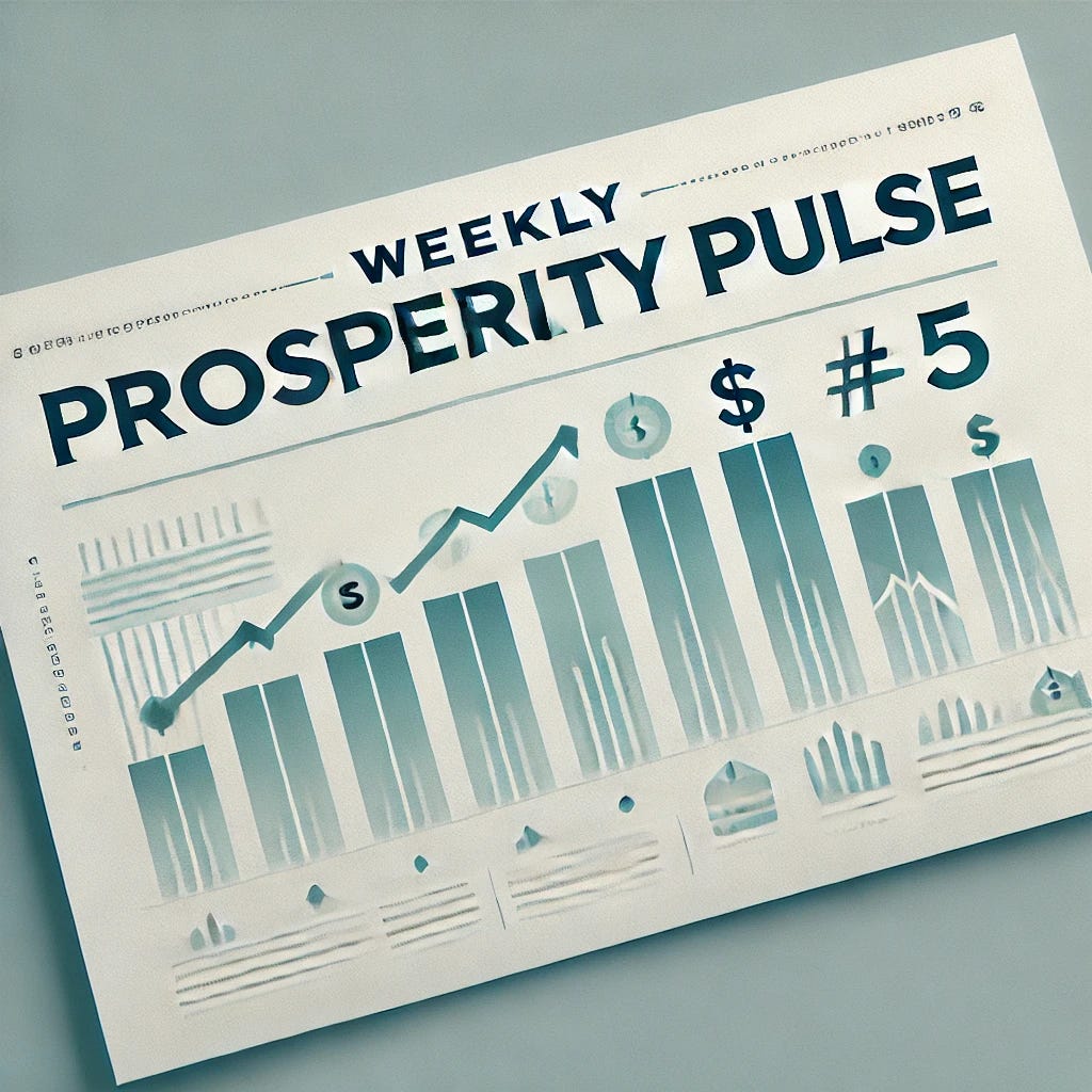 A clean, professional, and eye-catching newsletter header for 'Weekly Prosperity Pulse #5.' The title should be clear, bold, and properly spelled with no other words. The design should be simple with subtle financial-themed icons such as upward arrows, graphs, and dollar signs. Use a soft, neutral color palette like blue, green, and gray for a clean and minimalistic look.