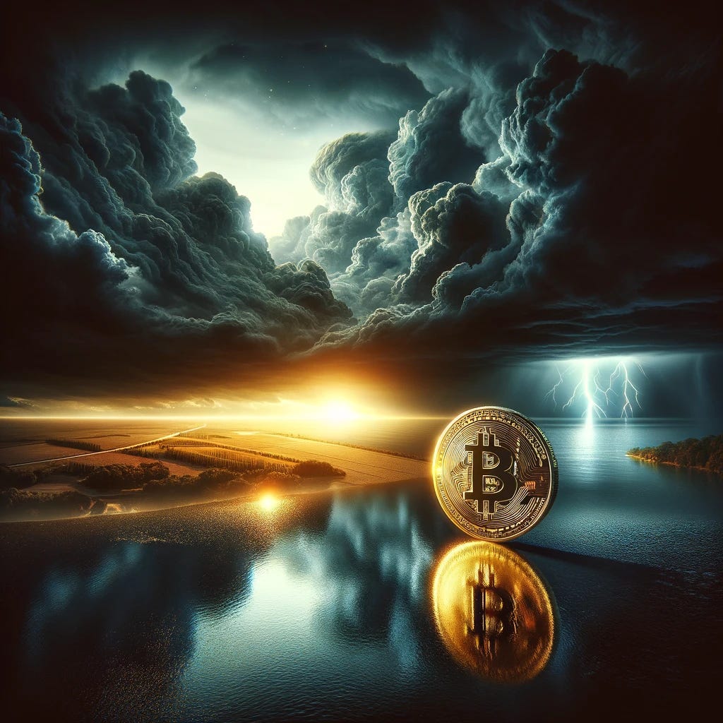 A dramatic and powerful image representing the calm before the storm, metaphorically capturing the anticipation of Bitcoin reaching a trillion dollar market value. The scene features a serene yet tense landscape, symbolizing stability and potential upheaval. In the foreground, a single Bitcoin coin sits prominently on a reflective surface, glowing with a golden light. The background showcases dark, brooding storm clouds gathering on the horizon, with occasional lightning flashes illuminating the scene. This contrast between the calm, glowing Bitcoin and the impending storm serves to highlight the potential volatility and significant impact of reaching such a monumental market value.