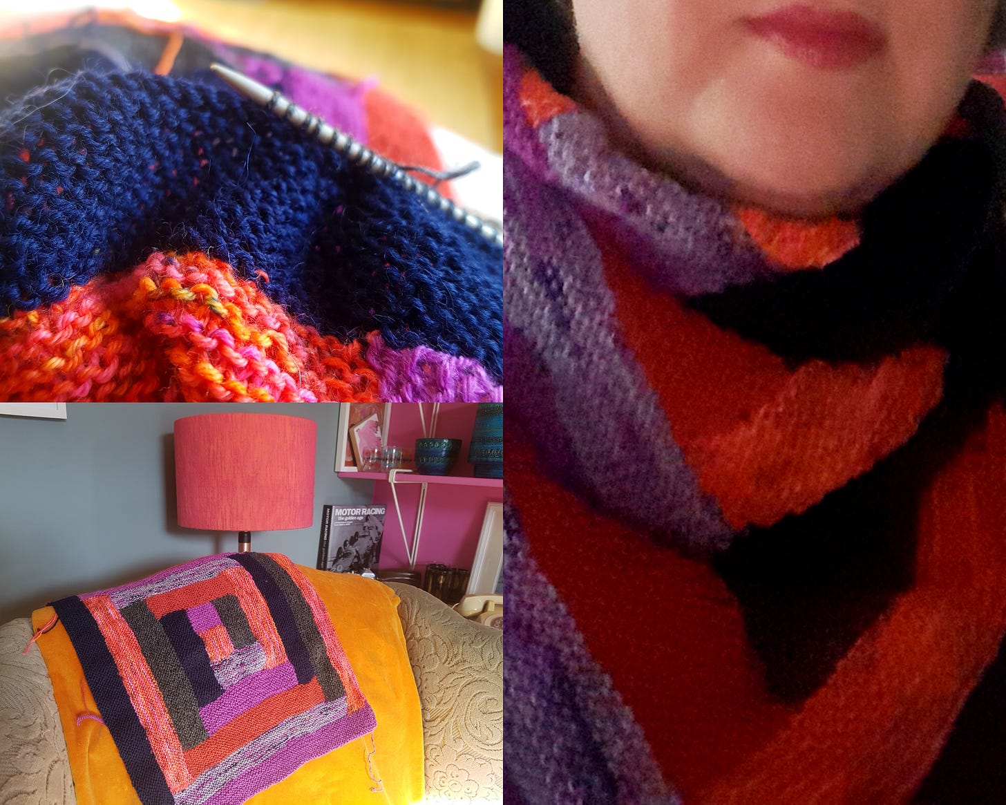 Photo mosaic of 3 pictures - wool on knitting needles. Log cabin knitting in progress and me wearing the finished bandana.