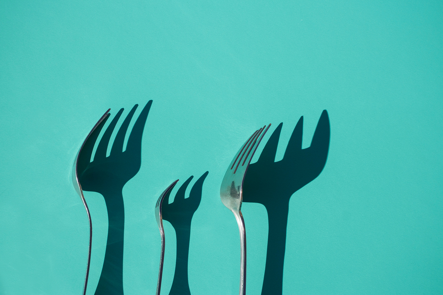 Three forks on their sides casting shadows