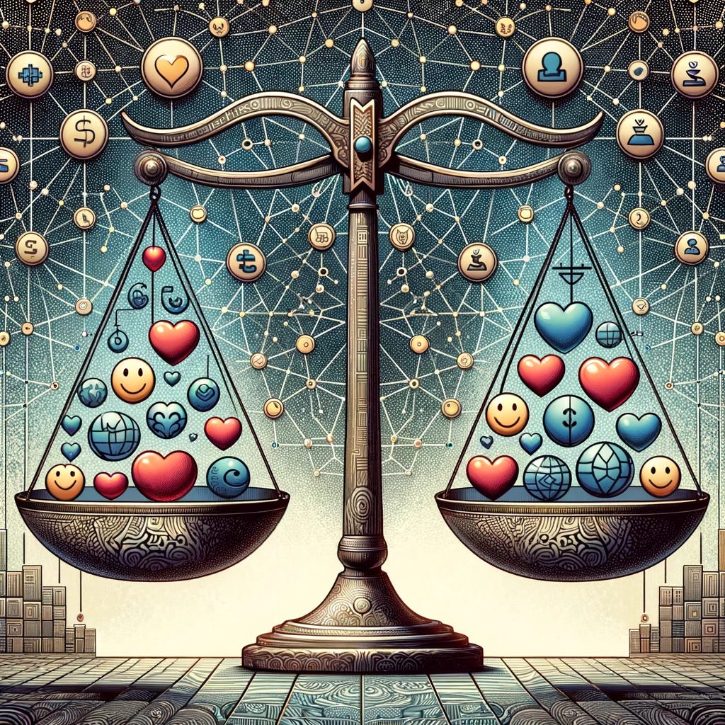 An illustration showcasing the concept of reciprocal relationships and balanced interactions. The image depicts a scale in perfect balance, with symbols representing various aspects of life (like hearts for love, currency for professional contributions, and smiley faces for emotional support) evenly distributed on both sides. This balance symbolizes the fairness and equity in giving and receiving within relationships. The background is adorned with interconnected patterns that signify the interconnectedness of relationships and the importance of maintaining harmony and balance. The visual metaphor emphasizes the need for equitable exchanges and mutual respect in all forms of interaction.