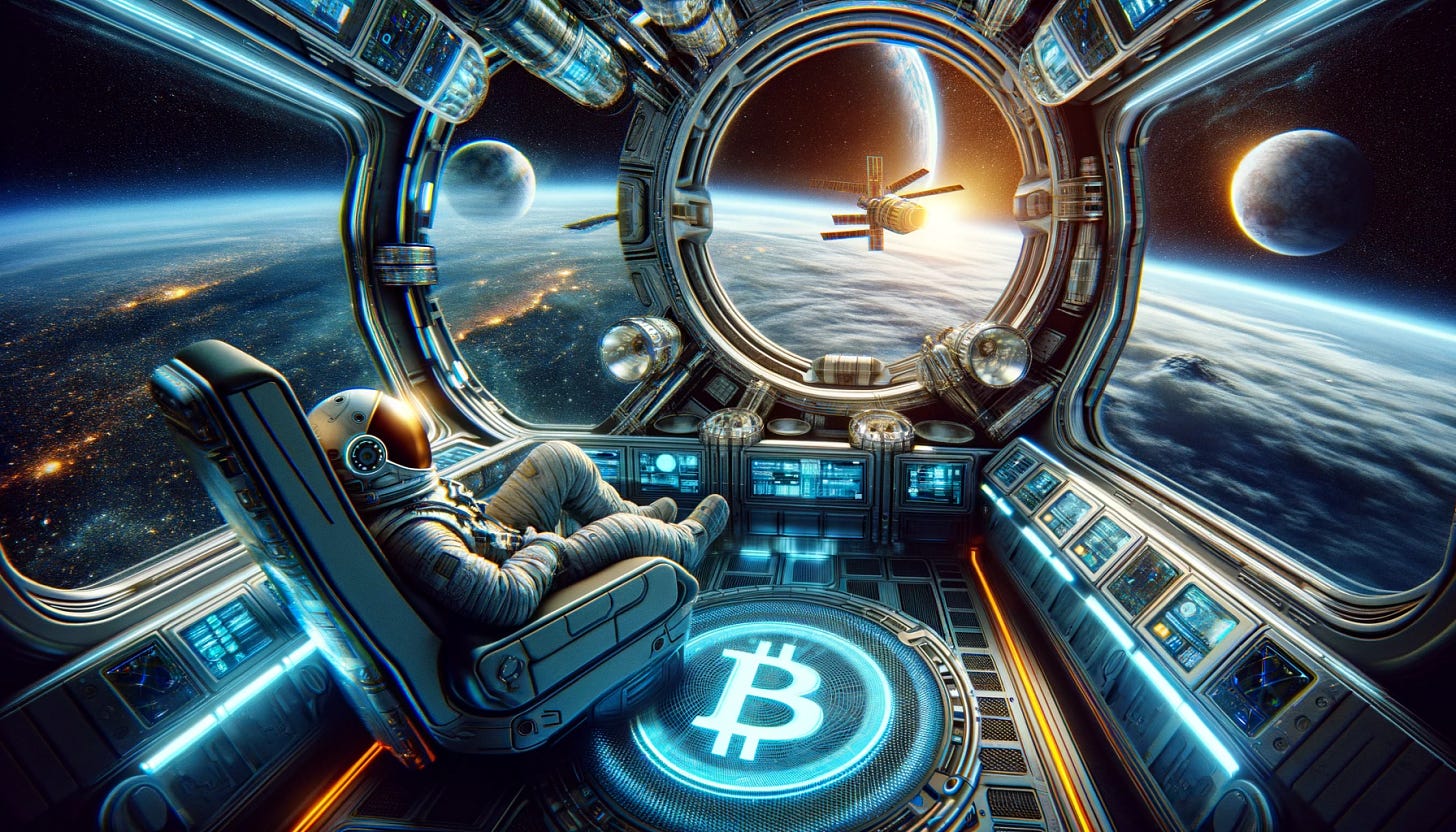 Astronaute qui se repose dans son vaisseau Bitcoin