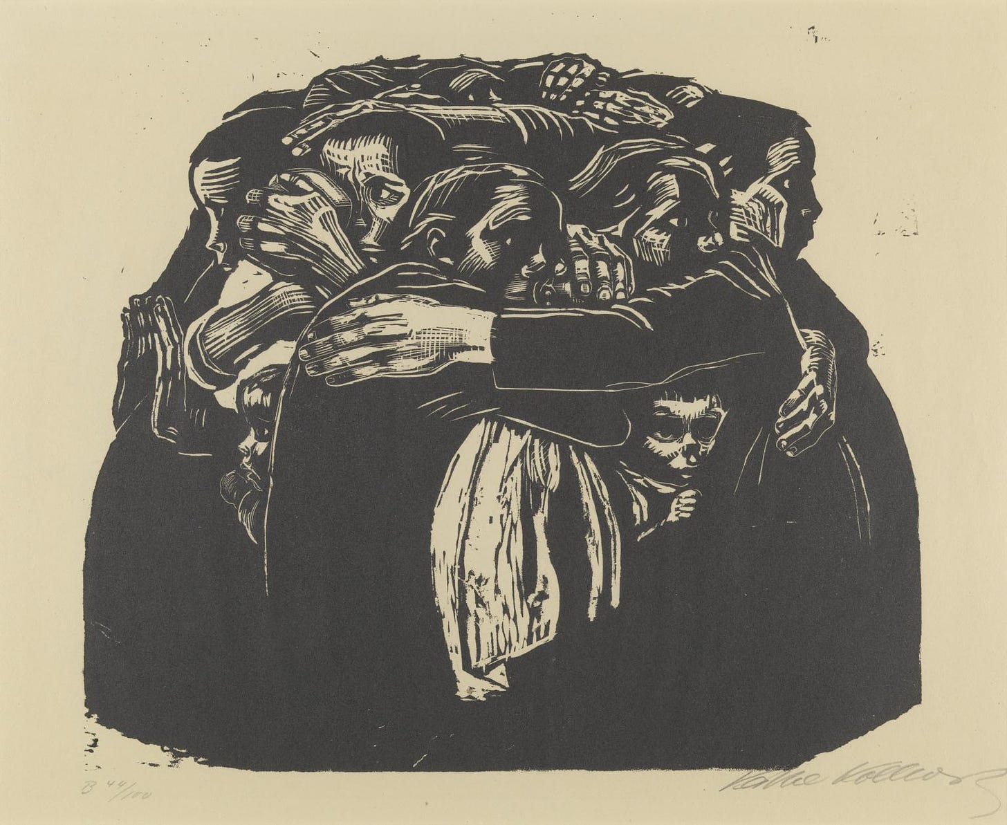 Woodcut image on tan paper of a group of women embracing, with one child seen peering out from within the group
