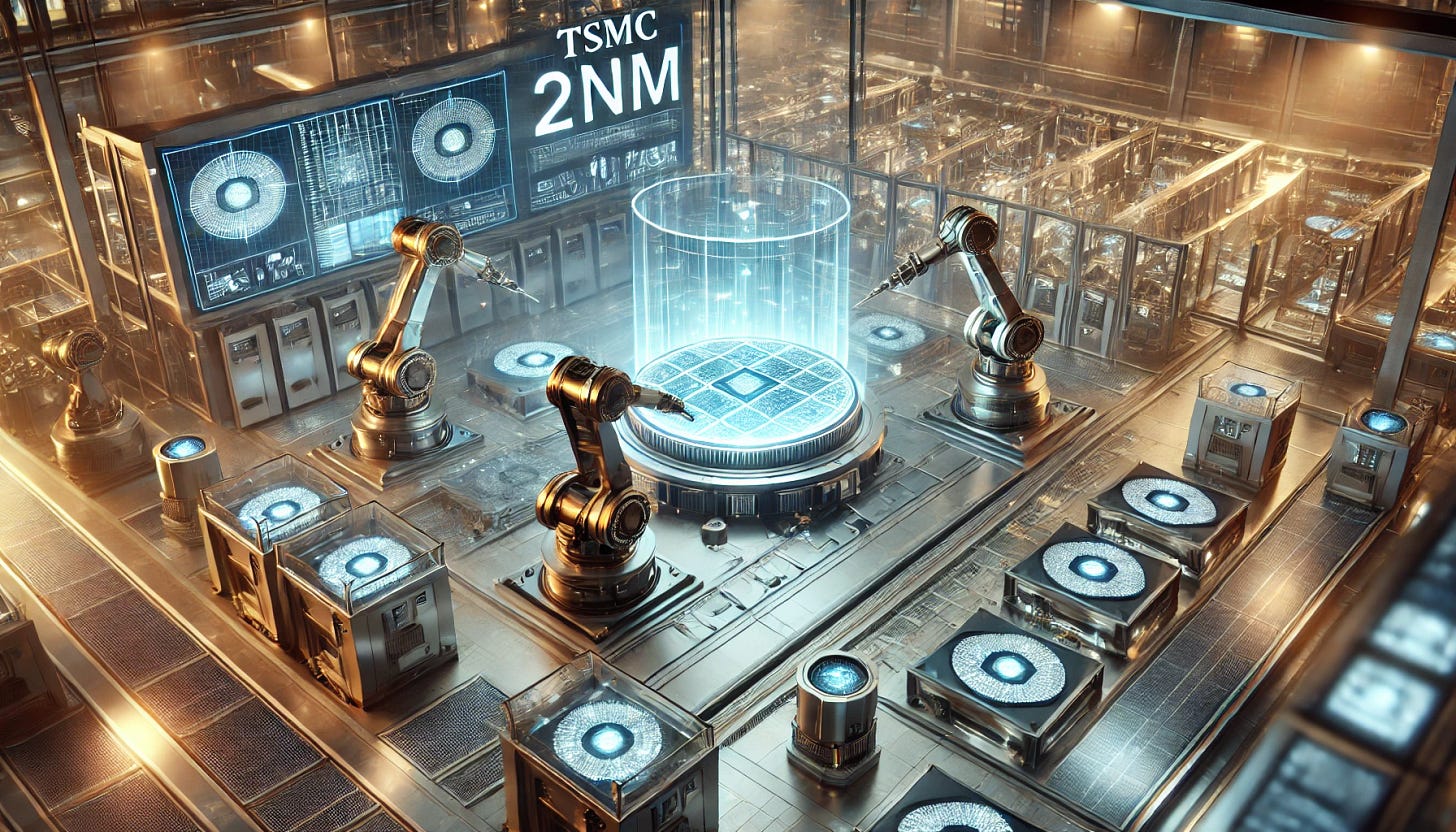 A 16:9 futuristic illustration of a semiconductor fabrication plant interior, showcasing ultra-advanced 2nm wafers in production. The scene features a cleanroom environment with glowing robotic arms carefully handling pristine silicon wafers on advanced production lines. The wafers emit a faint blue and gold glow, symbolizing cutting-edge technology. Holographic displays around the room show precision metrics and production data. In the background, TSMC's logo is subtly integrated, glowing softly to signify its influence. The atmosphere is ultra-modern and precise, emphasizing innovation and state-of-the-art semiconductor manufacturing.