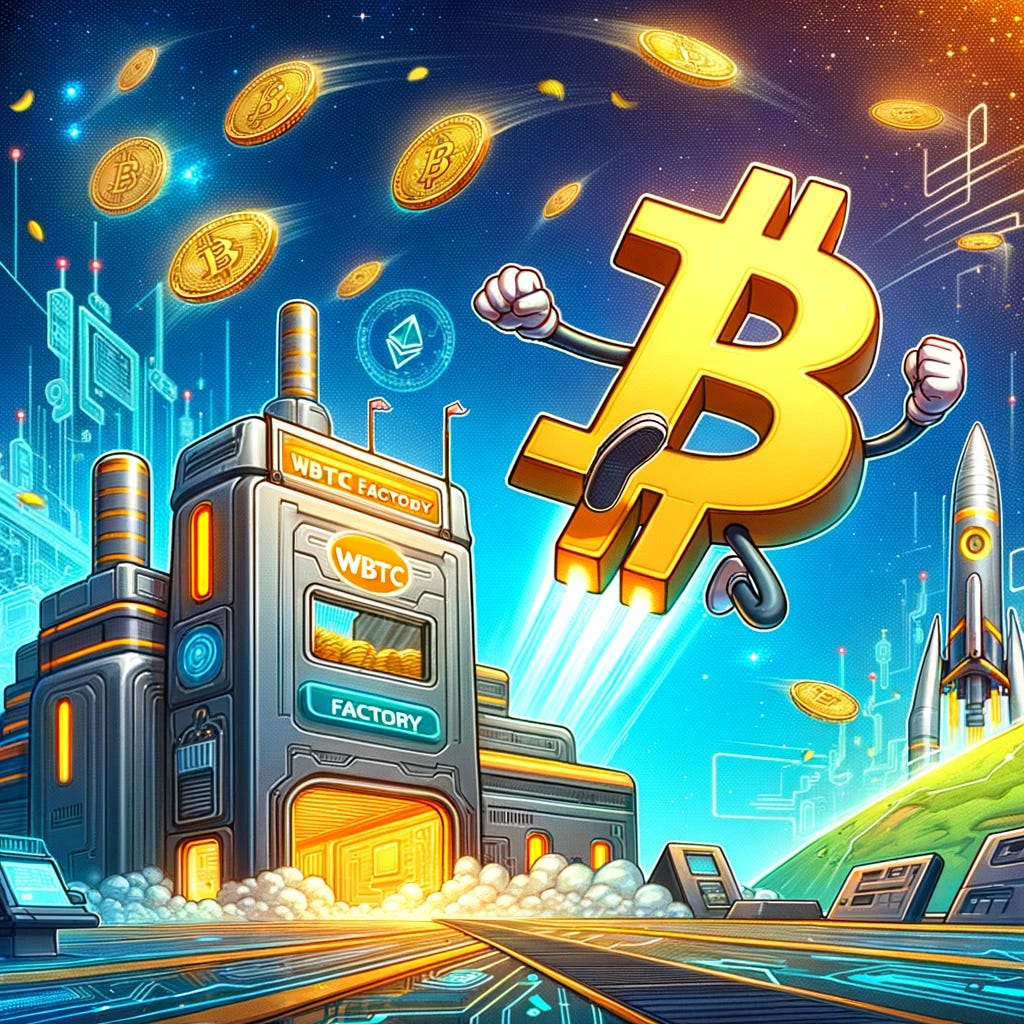 The same cartoon character representation of Bitcoin, now being launched into the air with a joyful expression, heading towards a futuristic factory labeled 'wBTC Factory'. The factory is designed with sleek, modern architecture and is surrounded by digital and blockchain-related motifs, symbolizing the process of converting Bitcoin into Wrapped Bitcoin (wBTC) on the Ethereum blockchain. The scene captures a moment of transition, blending elements of both Bitcoin and Ethereum ecosystems in a vibrant and imaginative setting.