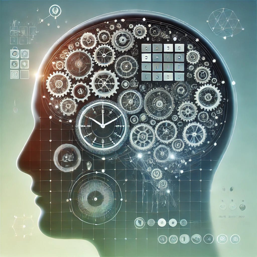 A conceptual illustration that portrays the idea of a 'cron for the mind' - a visual representation of scheduled mental tasks and organized thoughts. The image shows a human head silhouette, semi-transparent, with a brain made up of interlocking gears and clocks, representing time-based organization and mental automation. The background is a calm gradient, with soft blue and green hues, symbolizing clarity and structure. Within the brain, there are subtle icons representing tasks, reminders, and data points arranged in a circular, rotating fashion, as if they are following a set schedule. The style is minimalistic, modern, and clean, emphasizing structure and automation within thought processes.