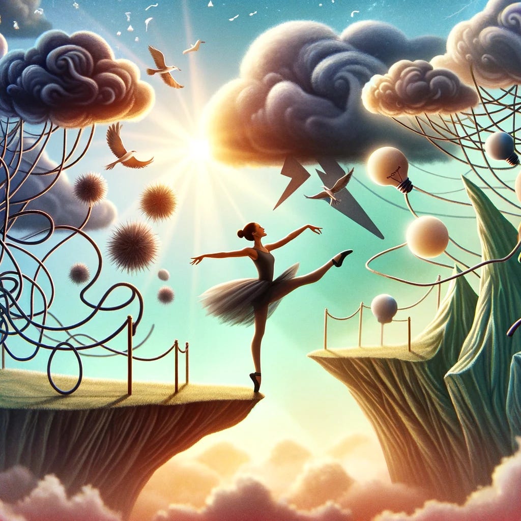 Create an imaginative illustration of a person elegantly dancing around various symbols of problems, such as tangled ropes, dark clouds, and steep cliffs, in a light and graceful manner. The dancer moves with agility and confidence, navigating through these challenges with a smile and a sense of ease. This scene represents the metaphorical dance of life, where problems are present but do not hinder the person's movement or spirit. The background is filled with soft, uplifting colors to contrast the obstacles, symbolizing hope and positivity amidst adversity. The overall mood is whimsical yet empowering, capturing the essence of gracefully dealing with life's difficulties.