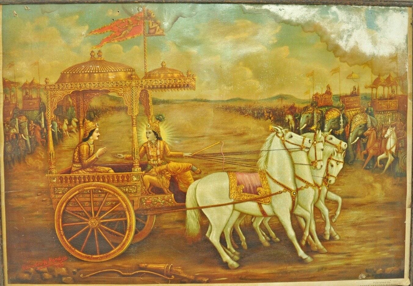A traditional Indian painting depicting a scene from the Bhagavad Gita, set on a battlefield with two central figures in a golden chariot drawn by four white horses. The charioteer, Krishna, glows with a divine halo and gestures calmly as he speaks to the warrior Arjuna, who sits beside him in armor, listening intently. Both figures wear ornate crowns and golden robes. In the background, opposing armies face off, with war elephants, soldiers, and banners filling the horizon. A bow lies on the ground in front of the chariot, symbolizing Arjuna’s inner conflict at the moment of Krishna’s counsel.