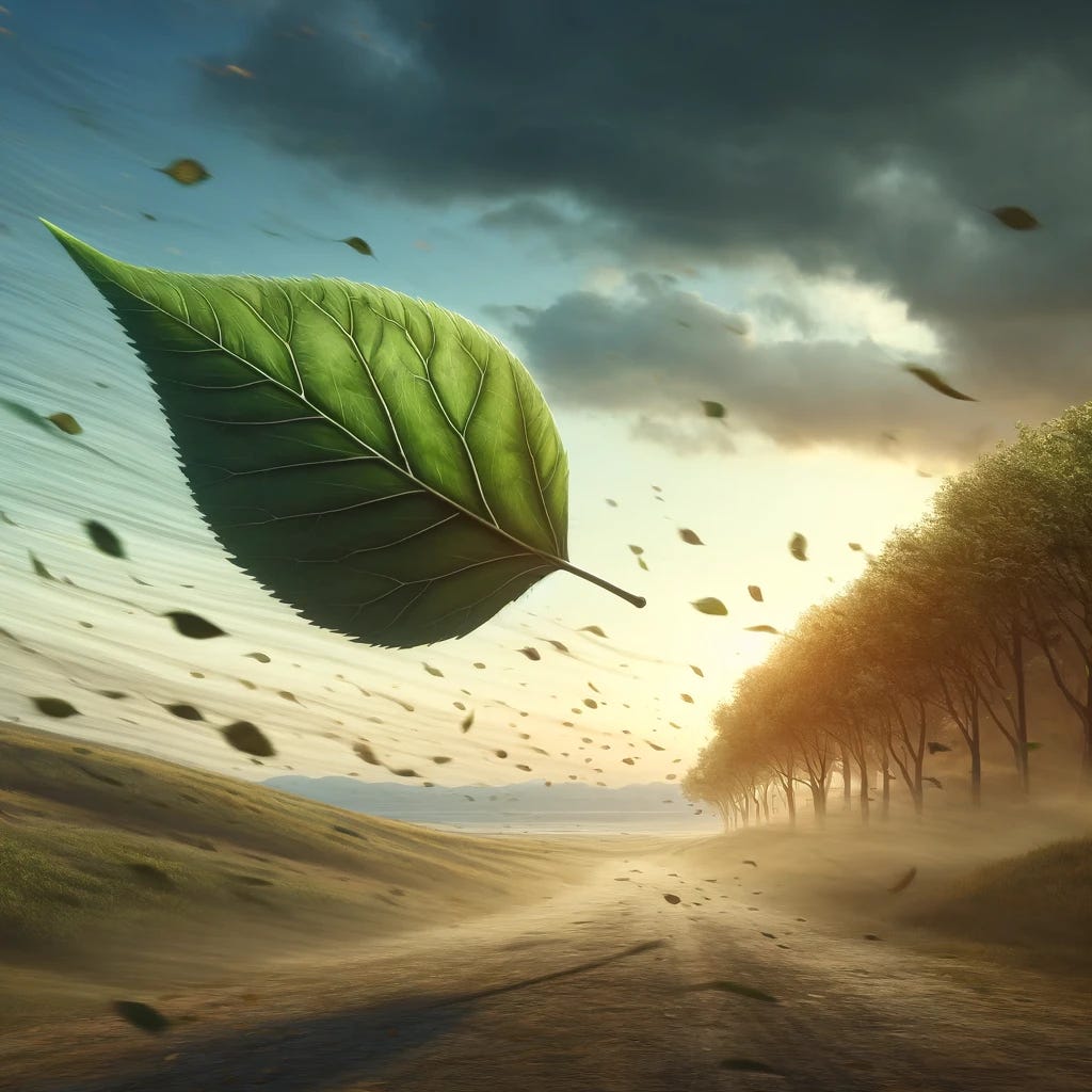 An image illustrating the concept of a leaf being blown by the wind, symbolizing feeling overwhelmed and victimized by external circumstances. The background shows a serene landscape with trees and a clear sky, and the leaf is depicted in mid-air, carried by the wind currents. The overall atmosphere should convey both the sense of being at the mercy of the wind and the potential for empowerment through change.