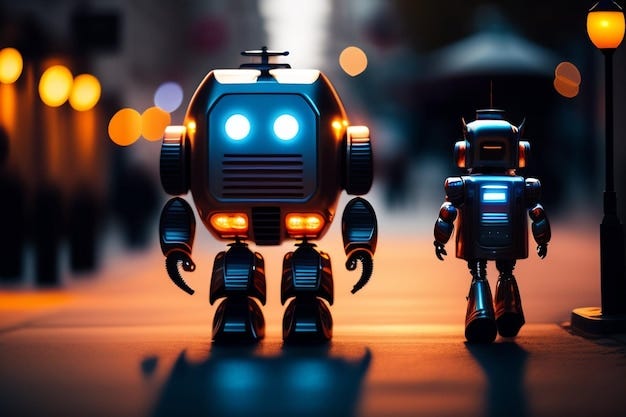 A robot and a boy walk down a street.