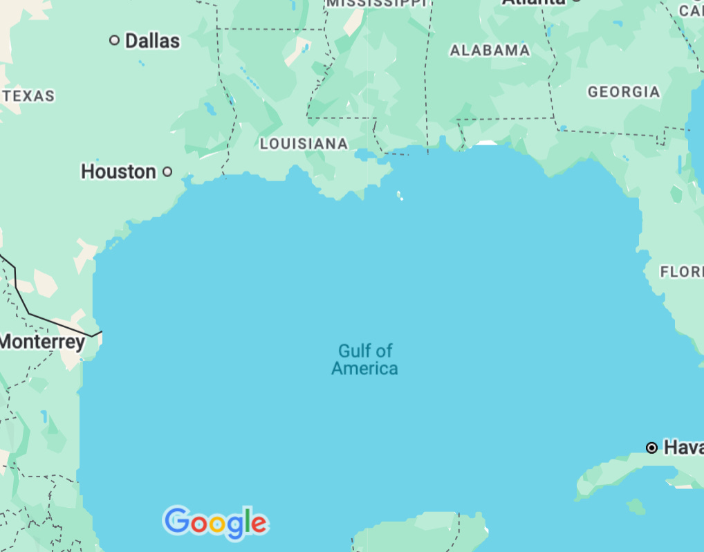 Google Maps showing "Gulf of America" where "Gulf of Mexico" label should be in the body of water known as the Gulf of Mexico. 