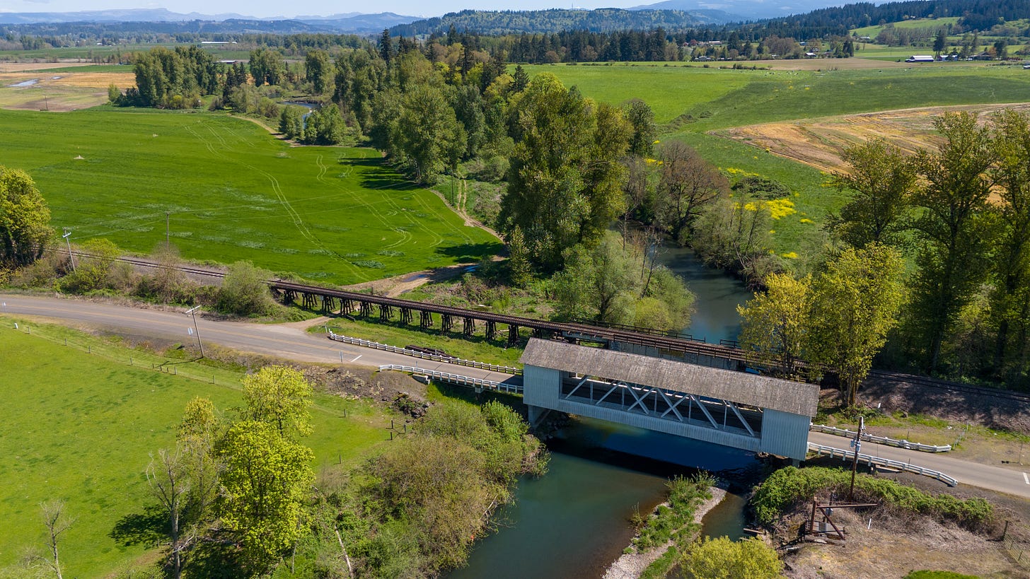 covered bridge in Oregon from the air