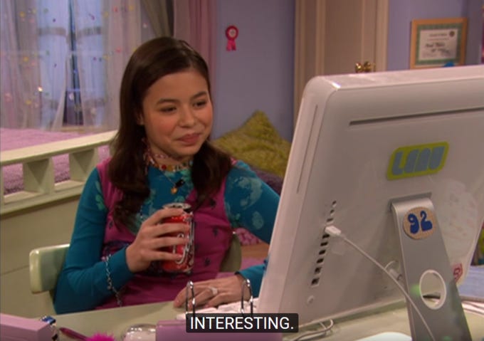 iCarly meme where Miranda Cosgrove is sitting in front of a computer and says "interesting." Because this post is interesting!