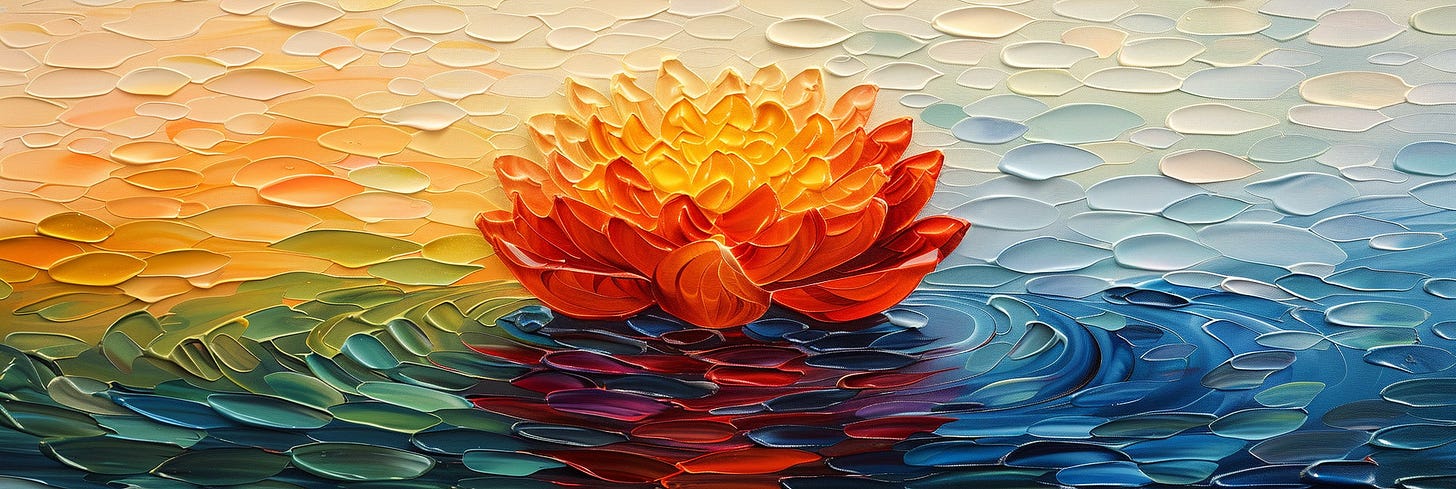 A vibrant painting of a glowing orange lotus flower on water, with a textured, colorful background depicting a blend of warm and cool hues.