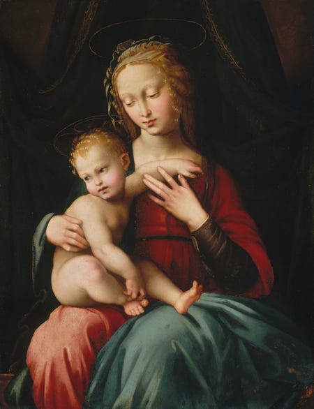 A painting of a haloed Virgin Mary clothed in red and green with a haloed baby in her lap.