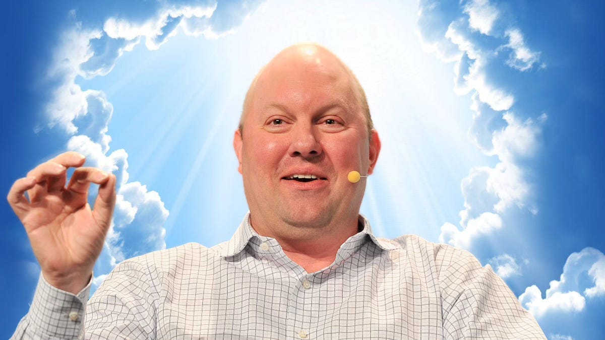 Photo of Marc Andreesen, a smiling middle-aged bald man, set against a background of sun shining through clouds as if to place a halo around him. 