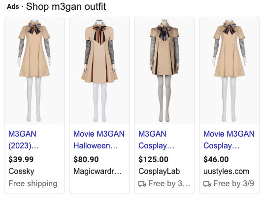 Google shoping results for "m3gan outfit"