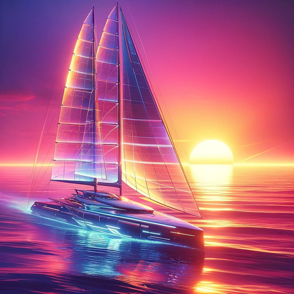 A futuristic sailboat with advanced technology, sleek lines, and high-tech sails made of light-reflecting materials. It is sailing away into a vibrant sunset that casts a warm, hopeful glow over the ocean. The sea is calm, with gentle waves reflecting the colors of the sunset. The sky is filled with hues of pink, purple, and orange, typical of a retrowave color palette. The atmosphere is peaceful and optimistic, capturing the essence of adventure and exploration in a futuristic world.