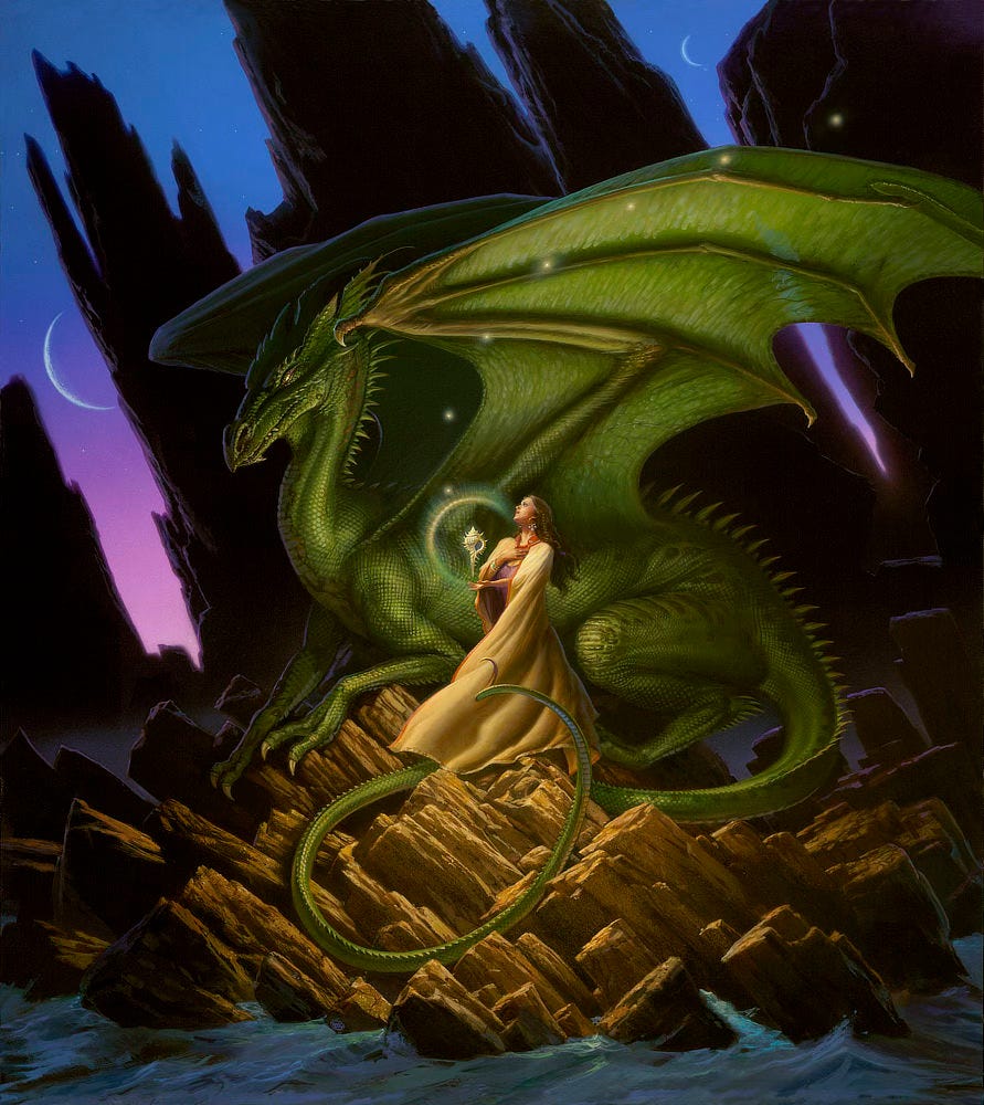 Wearing a tan cloak with red trim, a woman with long brown hair stands next to a scaly green dragon. Perched on the rocky seashore, it curls its long slender tail and spreads its wings over her. A spiky conch-like shell hovers over her outstretched palm, casting a radial aura that illuminates them both. Reverently, her other hand is held to her chest as her eyes are cast up. Behind them, an outcrop of dark rock projects up on diagonals that mirror the shore they stand on. The backdrop mostly blocks out a night sky painted in a gradient of blue to purple. Two crescent moons spaced far apart are visible in the break between the rocks.