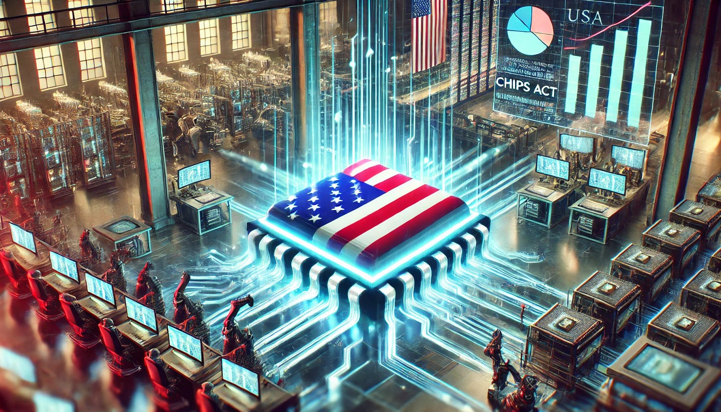 A 16:9 futuristic illustration representing the continuation of the USA Chips Act and its positive impact on the semiconductor industry. The scene features a glowing American flag intertwined with advanced semiconductor chips, symbolizing progress and innovation. A vibrant manufacturing facility is shown in the background with robotic arms assembling cutting-edge chips. Holographic charts display growth and investment in the semiconductor sector. The overall atmosphere conveys optimism, technological advancement, and the strengthening of the US semiconductor industry through the Chips Act.