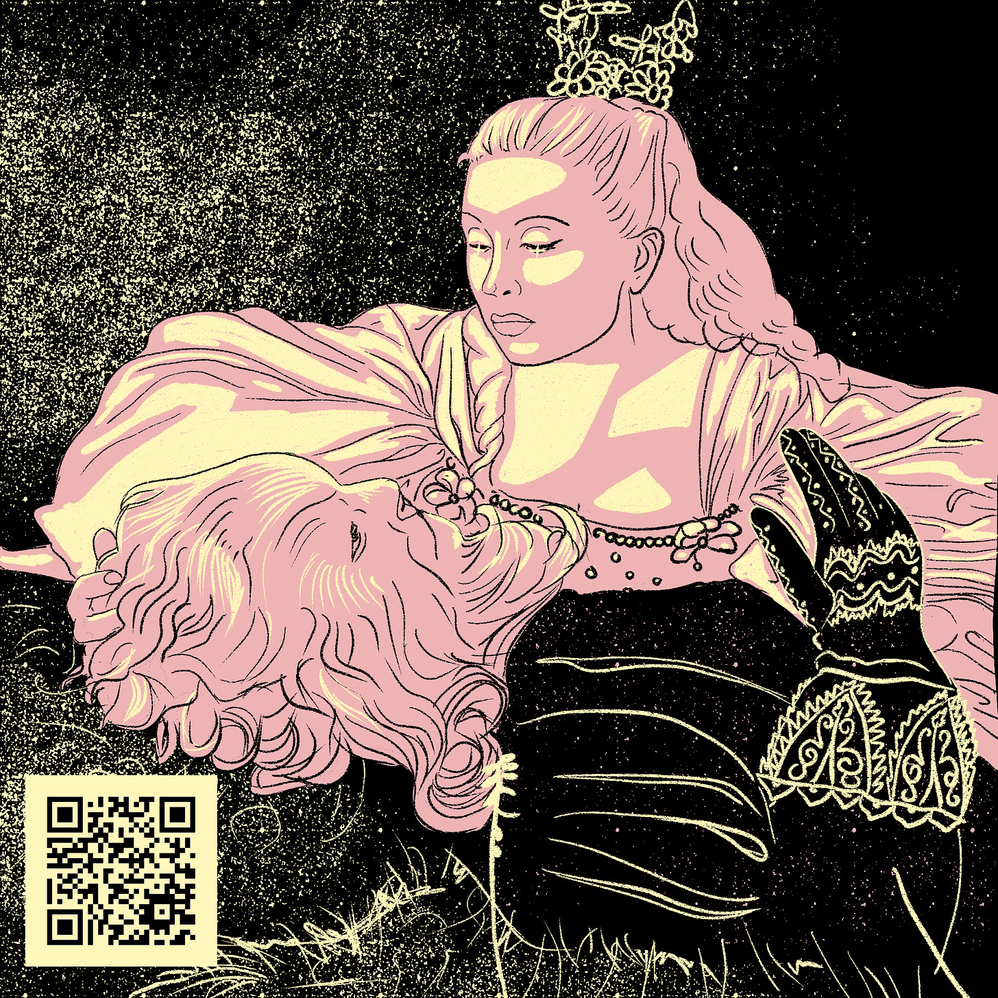 Image Description: A drawing of a still from the 1945 film La Belle et la Bête. Belle is looking over the dying Beast.