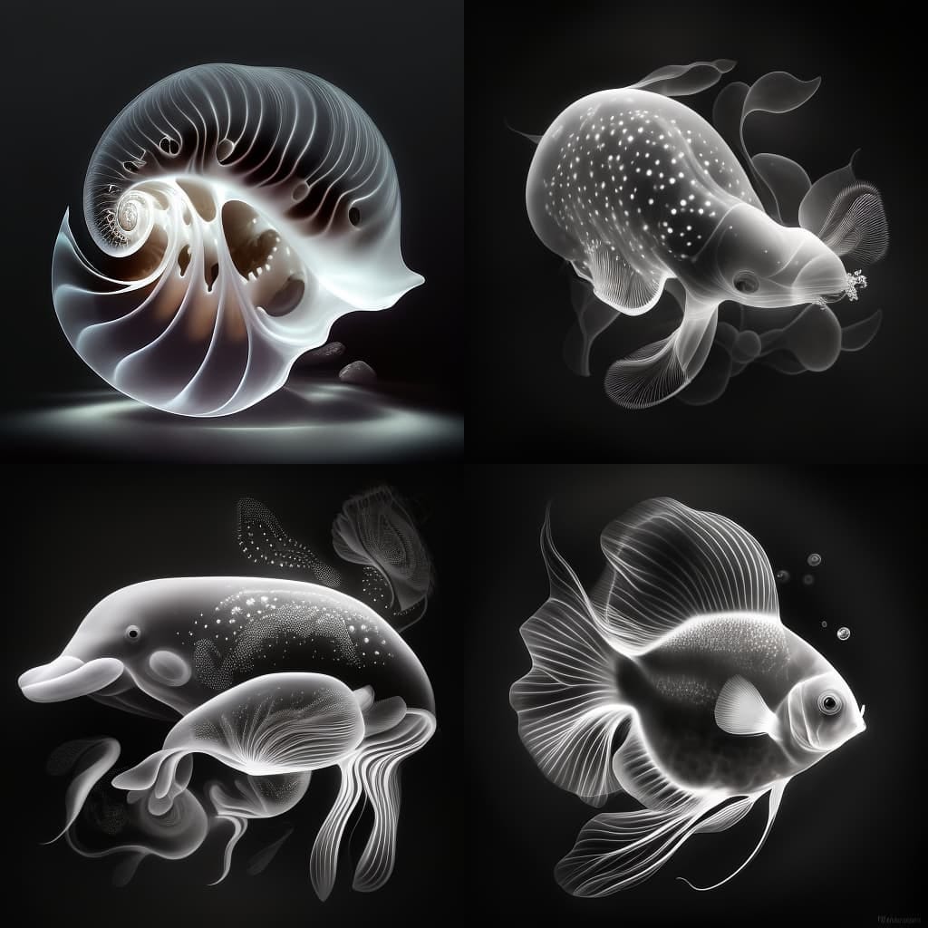 AI-generated images of fish and sea creatures in the luminogram style