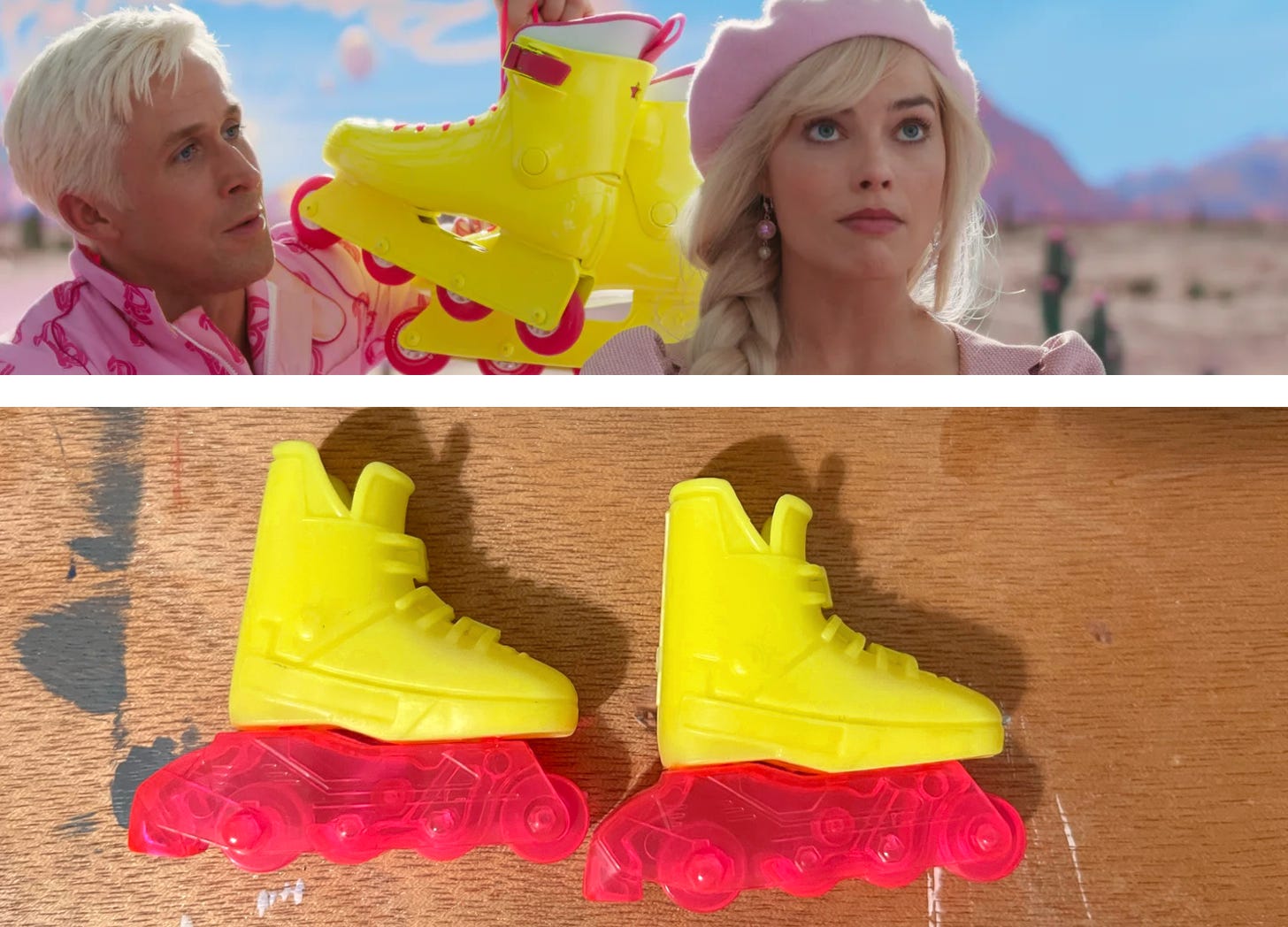 Top shows Ryan Gosling as Ken holding yellow-and-pink rollerblades next to Margot Robbie as Barbie; bottom shows doll-sized yellow-and-pink rollerblades.