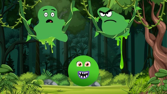 In the shadows of a forest, a horrified Mommy Og and a growly Daddy Og perch on their vine seats, oozing green slime. Beneath them bounces their son. He is not a proper green, blobby monster. He is a perfect circle with bright orange eyes and a delightful purple grin full of fangs.