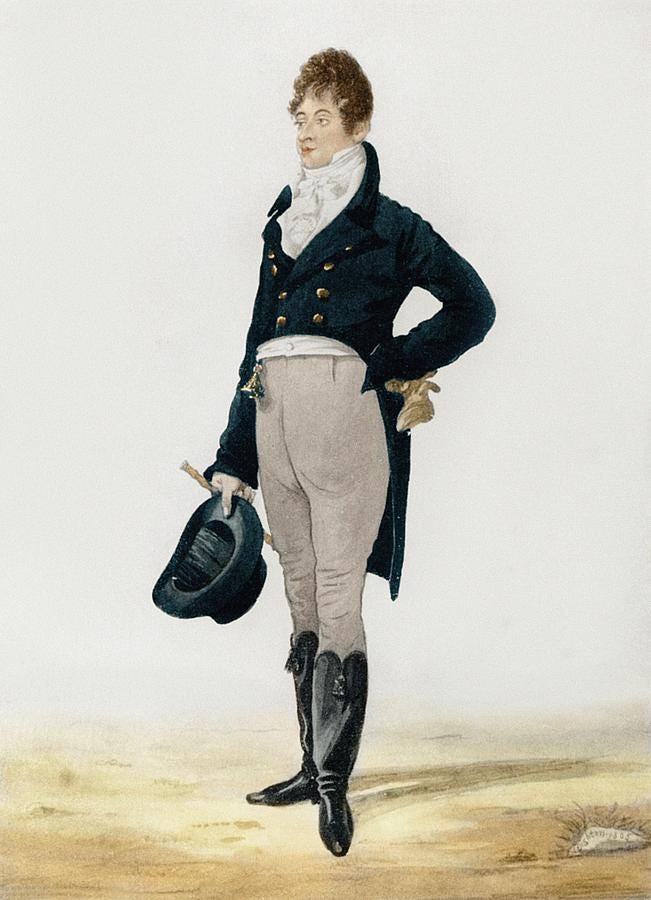 Caricature illustration of Beau Brummell. He is elegantly dressed, with breeches, boots, a frock coat, a watch fob, and a top hat.