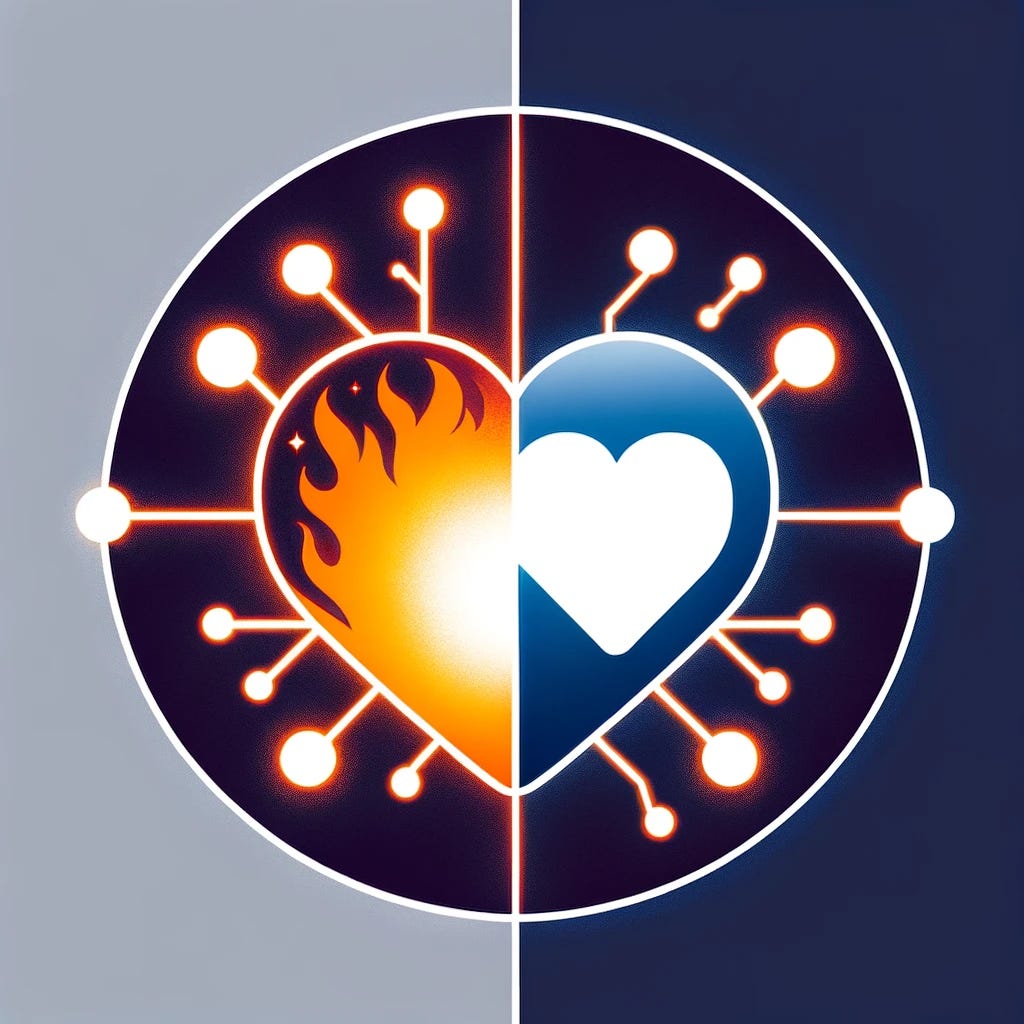 Create a simple and symbolic image that contrasts two halves: on one side, depict a genuine connection symbolized by a warm, glowing heart; on the other side, illustrate a superficial connection represented by a cold, mechanical 'like' button. The two halves should be clearly divided to highlight the stark contrast between deep emotional bonds and shallow digital interactions.