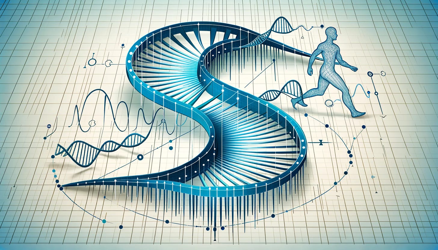 Create a scientific figure with an X and Y axis, featuring an S-shaped curve. Along this curve, incorporate distinct points, each marked by a human figure outline that includes a right-handed DNA helix logo at its center. This design combines the precision of scientific illustration with a thematic representation of the human genetic code. The background should be styled like a scientific graph or plot, with a clear, grid-lined backdrop that emphasizes the analytical nature of the composition. The curve should be smooth and well-defined, highlighting the mathematical beauty of the S-shape in the context of human genetics and data representation.