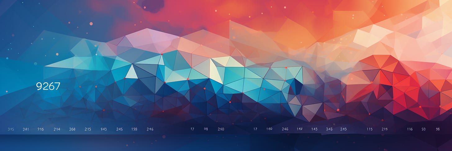Artwork created with Midjourney v6 alphaThe image is a contemporary digital artwork featuring a geometric design composed of triangular facets that form a crystalline landscape. The palette transitions smoothly from cool blues on the left to warm reds on the right, suggesting a visual representation of temperature, time of day, or perhaps an abstract landscape transitioning from sea to land.  Across the bottom of the image, there are numbers likely representing data points or elements of a calendar or timeline, as they are systematically arranged and vary in value. The largest number '9267' is prominently displayed in the center, possibly indicating a year, a code, or a significant numerical value in the context of the artwork. The floating particles and the ethereal glow around the numbers give the piece a sense of depth and digital sophistication. This piece could be interpreted as a fusion of art and data, possibly reflecting a modern, data-driven perspective on time passing or the digital interpretation of natural phenomena.