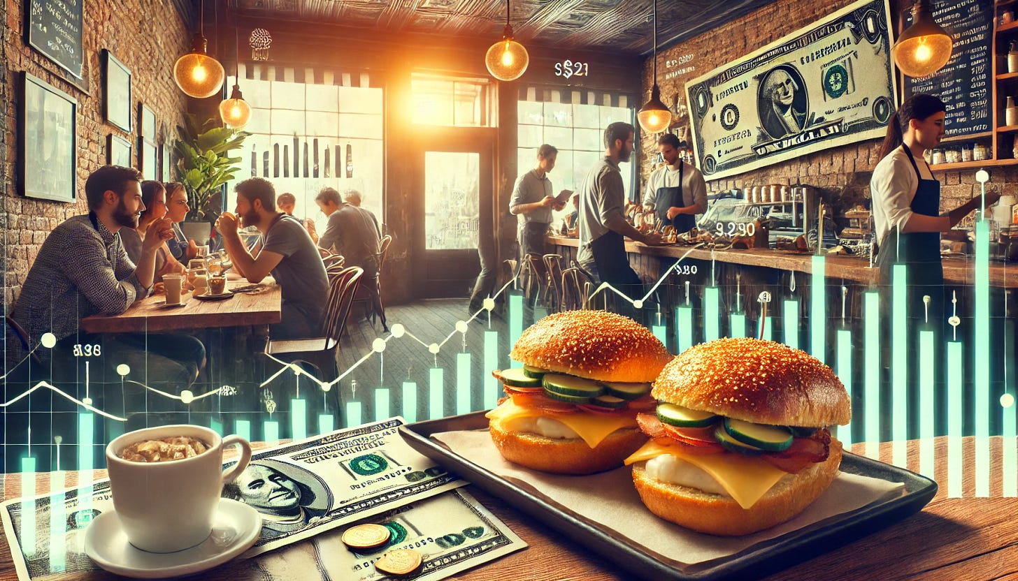 A cozy and quaint breakfast sandwich shop with delicious-looking sandwiches filled with eggs, bacon, and cheese. Customers are enjoying their meals while some transactions involving cash are subtly happening at the counter. In the background, there are hints of financial volatility and investing, such as stock market graphs, fluctuating charts, and dollar bills subtly integrated into the decor. The atmosphere is warm and inviting, with a slight undertone of financial energy.