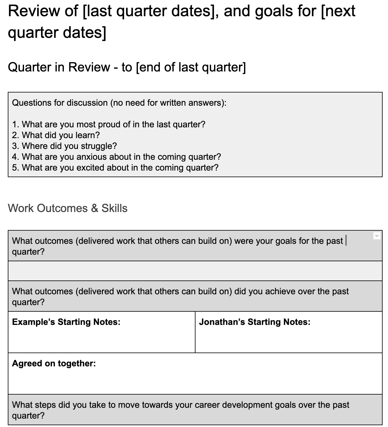 Excerpt of quarterly goals review document
