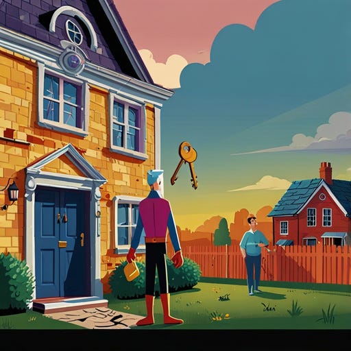 Landlord Superhero**  
   - A cartoon landlord wearing a cape, holding a giant key, standing proudly in front of a colorful house with happy tenants waving from the windows.



