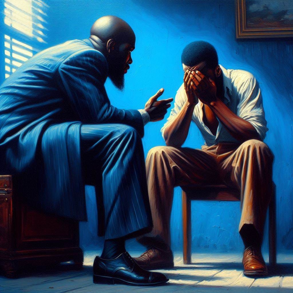 un homme noir en pleurs qui qui se confesse à femme noir tous assis dans une pièce, style peinture d'huile sur fond bleu