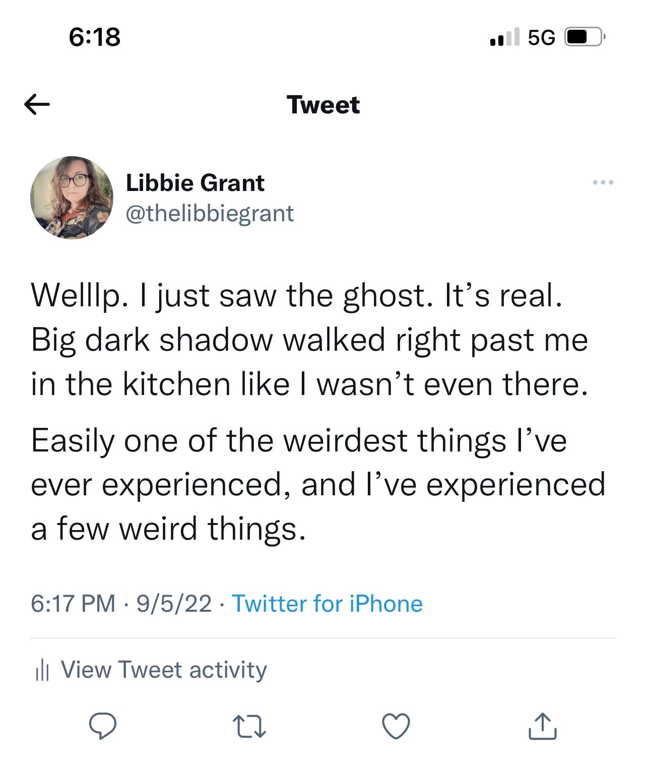 Screenshot of Libbie's social media where she describes the experience of a ghost walking right past her in the form of a big dark shadow