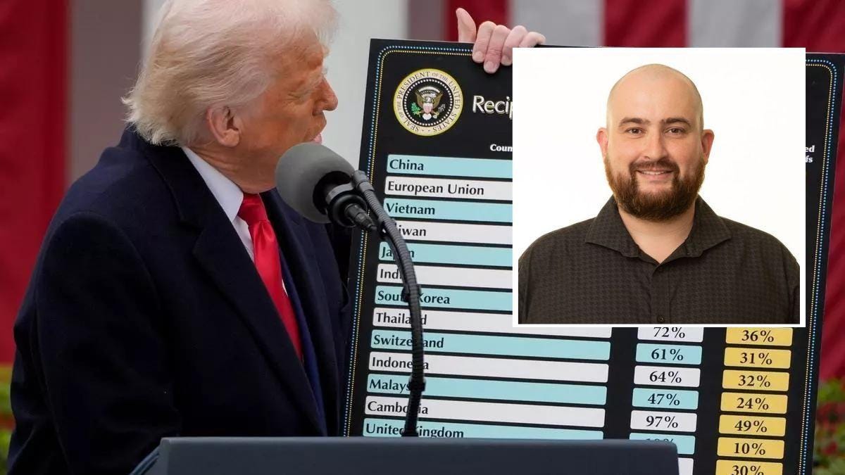 Pau Pujolàs y una foto de Donald Trump cuando presentó los nuevos aranceles