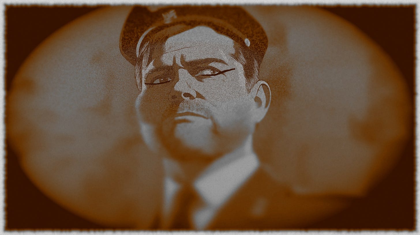 A stylized portrait of JD Vance, done &  brown & white and suggesting it's a very old photograph, in which Vance sports a Hitlerish mustache and wears a Brown Shirt cap.