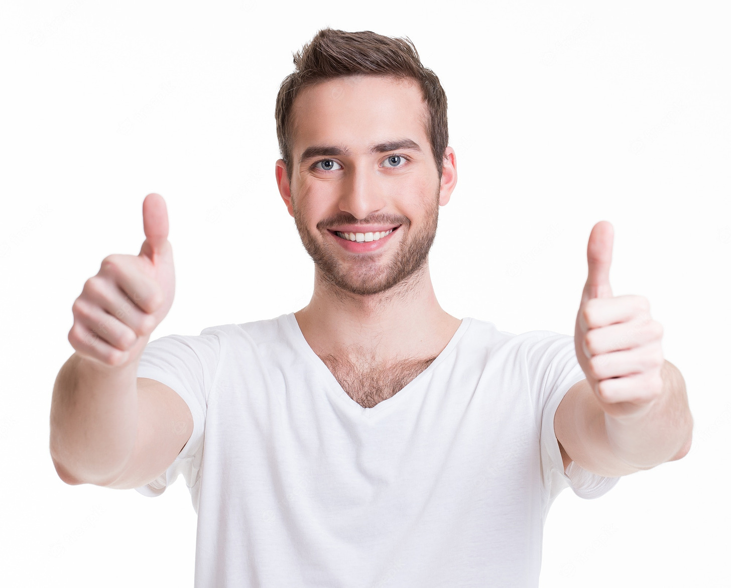 Free Photo | Young happy man with thumbs up sign in casuals isolated