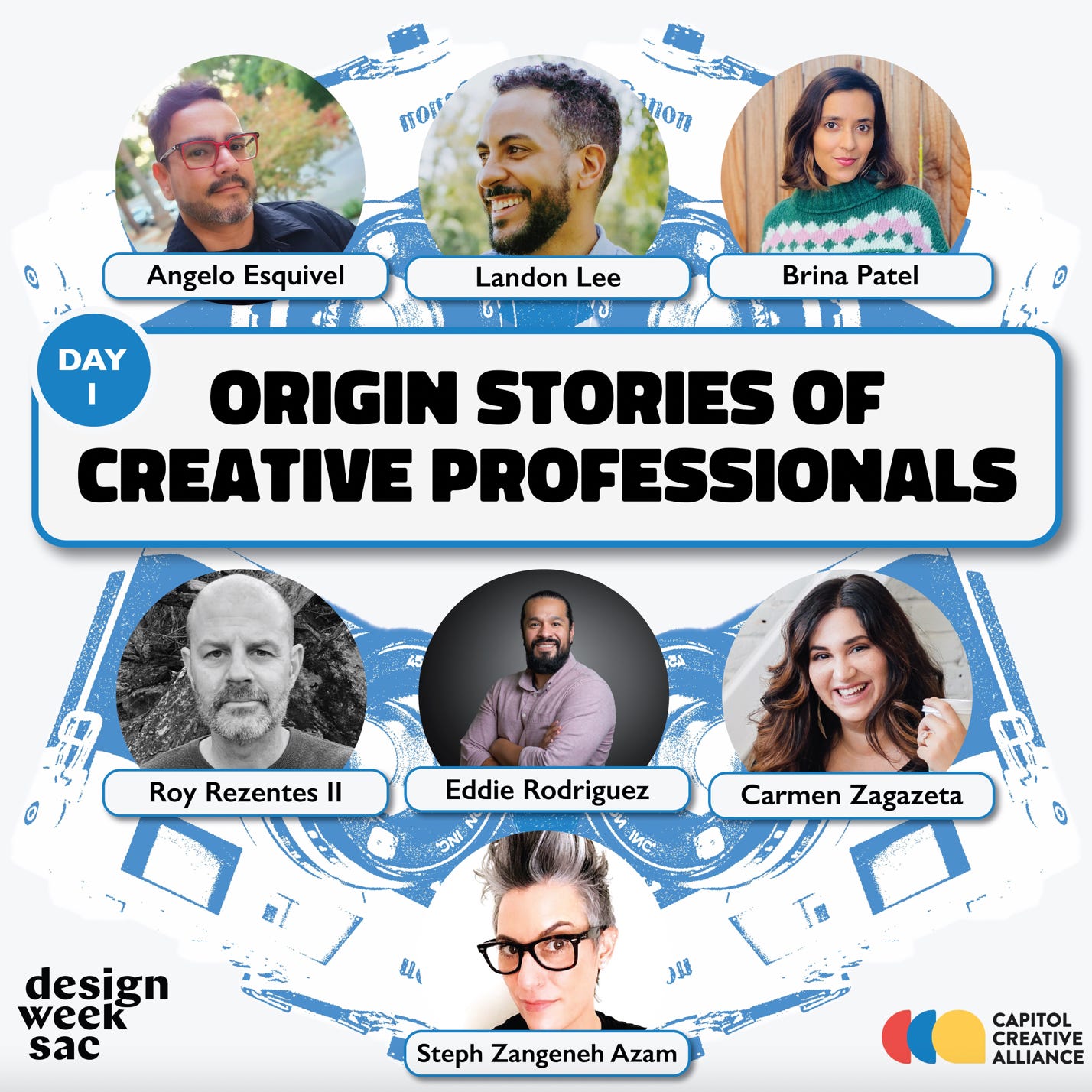 Graphic that promotes a conference about creativity called "Origin Stories of Creative Professionals"