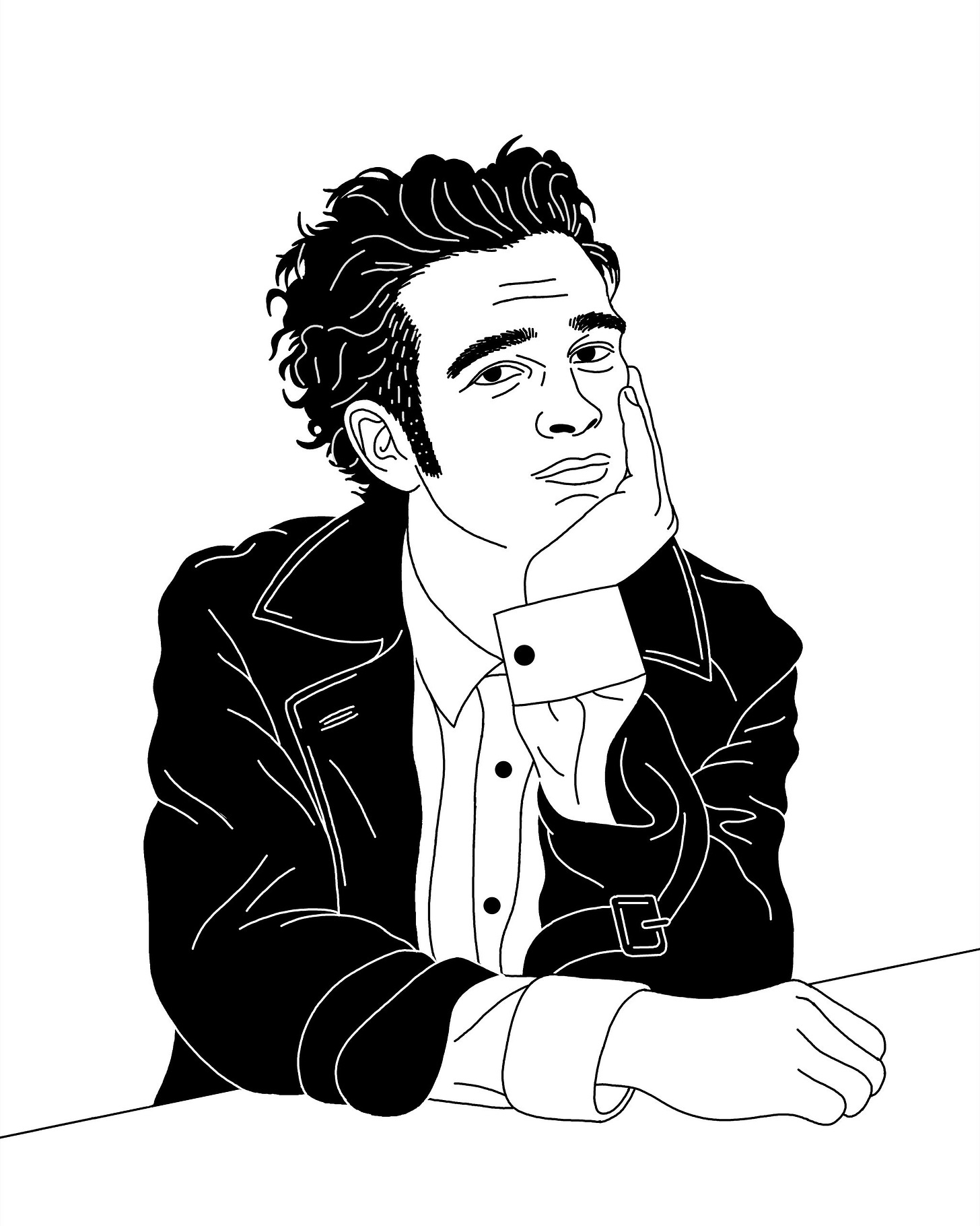 A black and white illustration of the musician Matt Healy who is seated with his head resting in one hand.