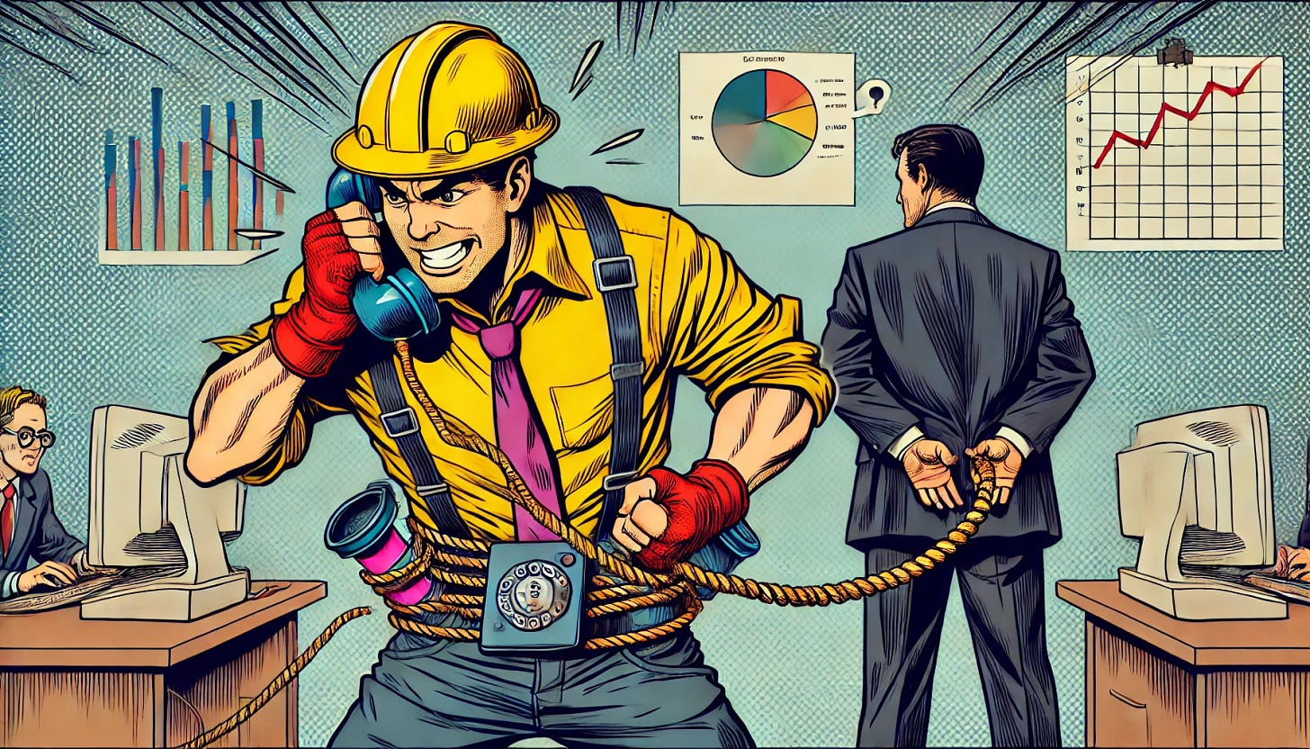 A comic book-style illustration of one frustrated data engineer wearing a yellow safety helmet and one business person in a suit, playfully using a broken children's phone made from coffee cups connected by a string. The business person has their back turned towards the data engineer, appearing distracted or uninterested. The data engineer looks visibly annoyed and frustrated, gripping the coffee cup tightly while speaking into it. The scene is whimsical, with expressive characters and exaggerated facial expressions. The background features a casual office setting with technology elements like computer screens and data charts. The illustration has bold dark lines, flat vibrant colors, and a dynamic, lively feel.