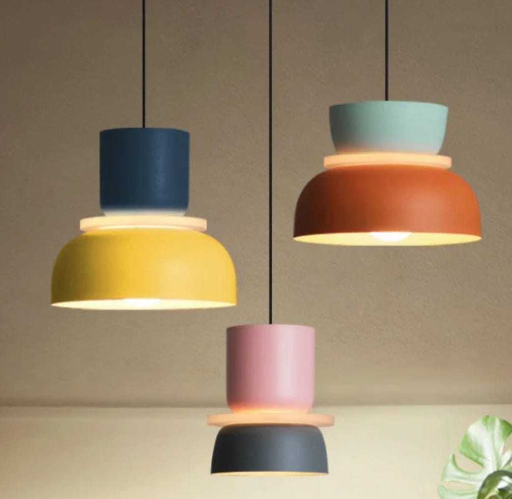 Multi-colour light pendants in bright, fun, vibrant colours