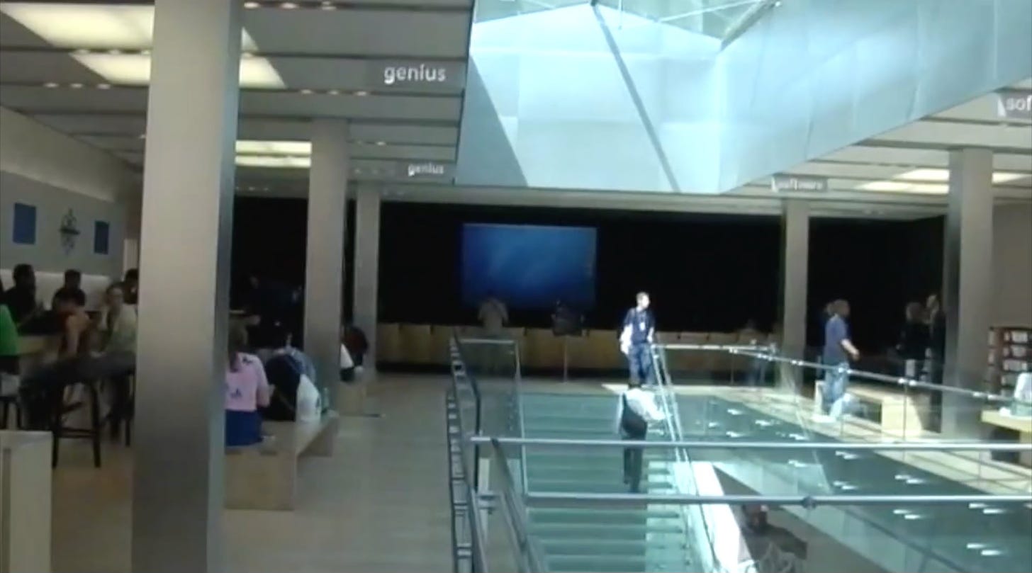 A screenshot from David Di Franco's video of Apple SoHo in 2007. Pictured is the store's upper level and Theater.