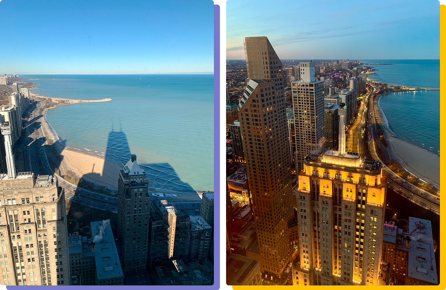 Photos of the Chicago skyline by day and night