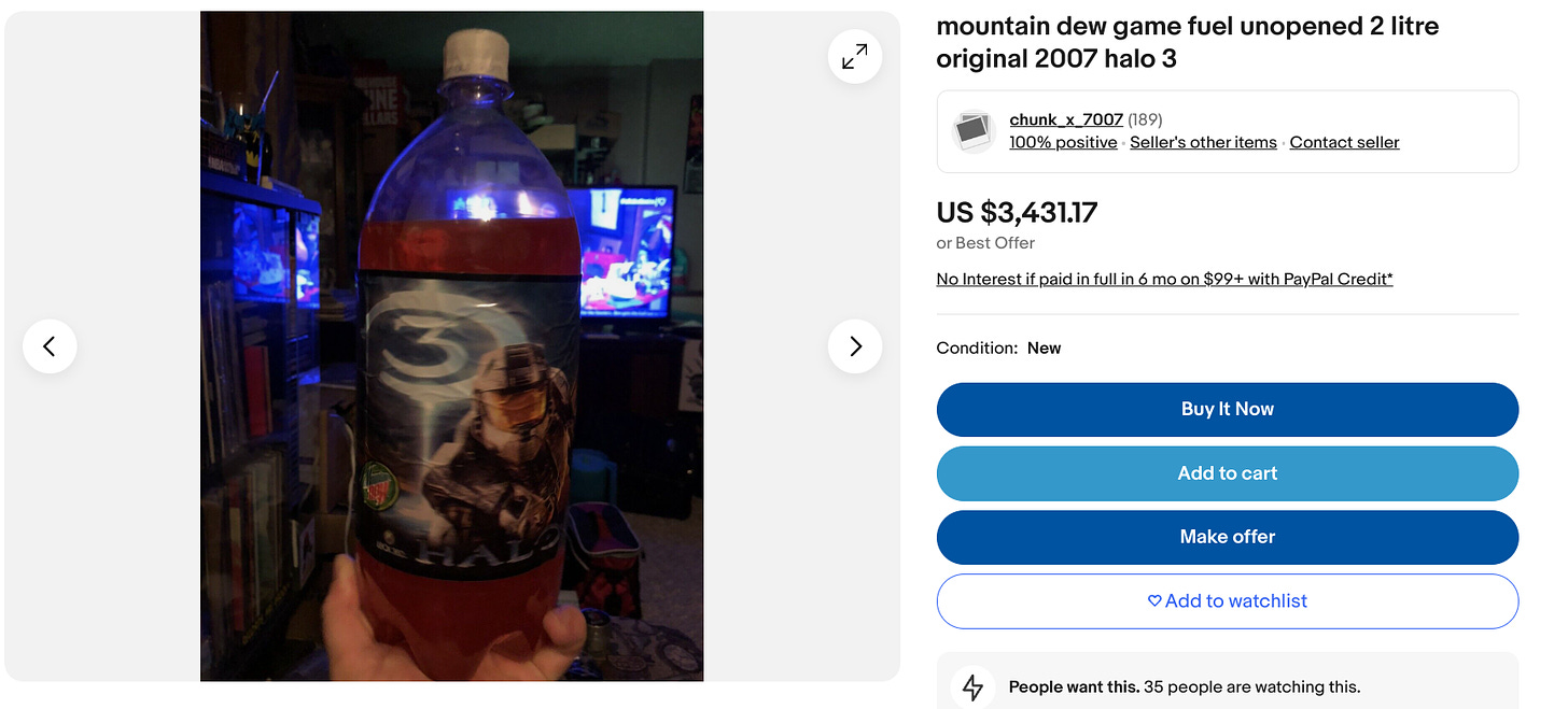 A screenshot of an ebay listing for an original 2007 bottle of Halo 3 Game Fuel, listed for 3,431.17 by a cheeky Halo fan.