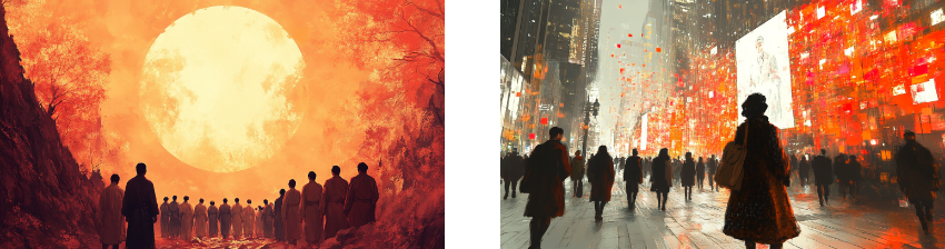 Two striking, atmospheric scenes: the left depicts a group of people in robes walking towards a massive, glowing sun against a fiery orange sky, creating a sense of ritual or pilgrimage. The right shows silhouettes of pedestrians in a modern cityscape illuminated by vibrant red and orange digital screens, blending urban life with a futuristic, dystopian ambiance.