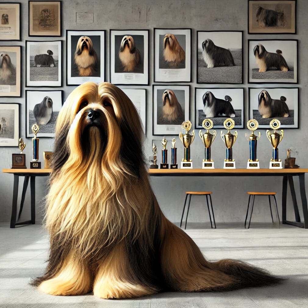 JoJo, the stud dog sits regally in front of trophies and wall of photos